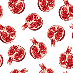 Seamless pattern with half pomegranate fruits on white background. Design for cosmetics, spa, pomegranate juice, health care products, perfume. Best for textile or wrapping paper.
