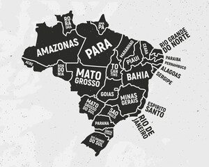 Brazil map with states. Poster map of Brazil with state names. Vintage Brazilian background. Vector illustration