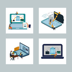 The concept of mobile banking and online payments. Icon set. Flat cartoon style. Vector illustration.