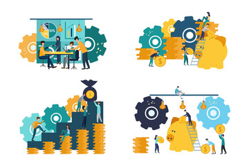 A collection of scenes in the office. Many men and women take part in business meetings, negotiations, people earn money, achieve goals. Colorful vector illustration in flat cartoon style