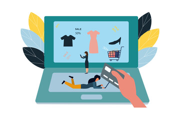 Open laptop with purchase screen. The concept of online shopping. Vector illustration. Flat style.