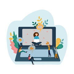 Popular blogger. The girl is blogging. Subscribers like. Vector illustration in a flat style