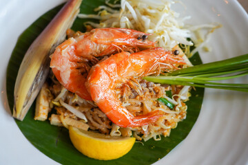 Traditional Thai  Stir-Fried Noodles with Prawn (Pad Thai) in a Dish