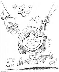 little girl, nice, with a school skirt, caught in her hands by her father and mother