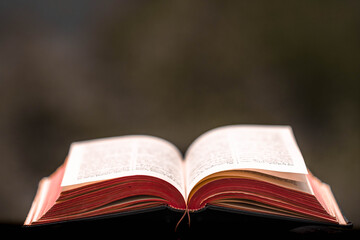 The Book of Books is a collection of sacred texts or scriptures. Old open bible book in blur nature background.