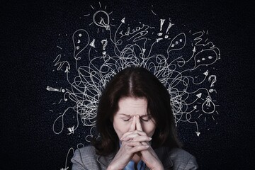Young woman with worried stressed face expression with illustration