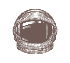 Hand drawn astronaut or cosmonaut helmet isolated on white background. Vector sketch realistic drawing in engraved style. Space equipment illustration