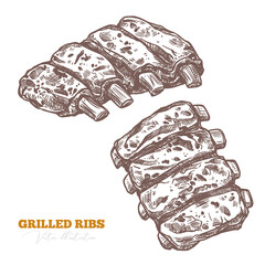Pork grilled ribs, meat for BBQ. Food for barbecue, vector set. Fresh farm product. Hand drawn sketch engraved illustration