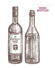 Fototapeta na wymiar Two vector glass bottles with red and white wine. Sommelier and winery business symbol. Sketch hand drawn etching engraved illustration
