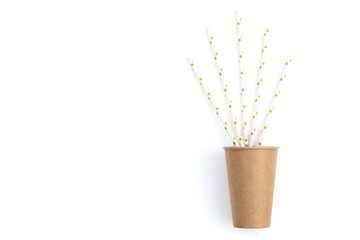 Brown paper cup in hand with straws, isolated on a white background. Paper tubes with stars.