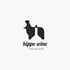 vintage hippo wine logo design. hippo logo design with negative space wine bottle