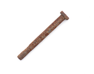 Old rusty bolt isolated on white background, bolt screwed top view