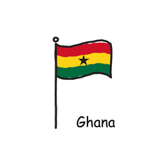 hand drawn sketchy Ghana flag on the flag pole. Three color flag . Stock Vector illustration isolated on white background.