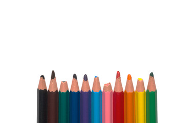 blunt pencils used colored not new one row line isolated close up closeup