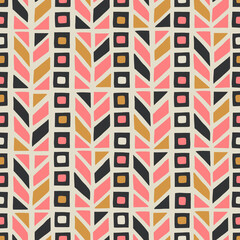 Hand painted seamless pattern with shapes in pink, ochre and black on cream background.