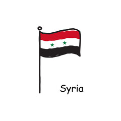 hand drawn sketchy Syria flag on the flag pole. Three color flag . Stock Vector illustration isolated on white background.