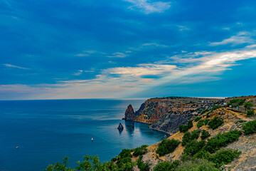 Seascape, sea and mountains