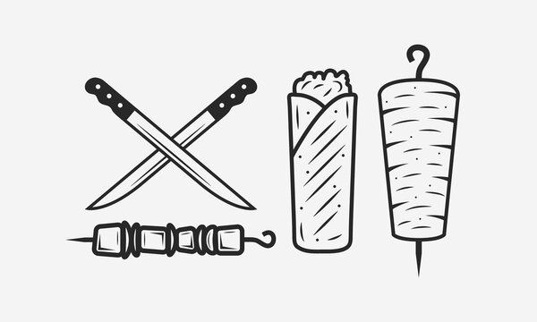 Doner Kebab set isolated on white background. Meat knives, kebab, shawarma, kebab sandwich. Shashlik on skewer. Kebab vintage design element for restaurant menu, logo, poster. Vector illustration