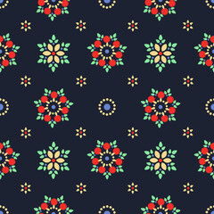 Fototapeta na wymiar Seamless abstract vector pattern. Vintage folk print imitation printed fabric. For wear, fabric, textile, phone case, home textile. Simple pattern made up of circles on a dark background