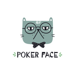 Vector illustration of poker face cat. Hand-drawn decorative lettering 