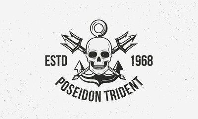 Poseidon Trident - vintage logo template with grunge texture. Nautical logo with tridents, anchor and skull. Vector illustration © Denys Holovatiuk