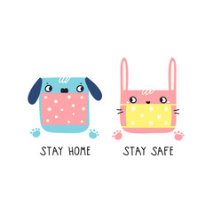 Cartoon illustration of pink bunny and blue dog in medical masks on white backdrop. Hand-drawn decorative lettering "Stay home, Stay safe". Vector print for posters, postcards, t-shirt design.