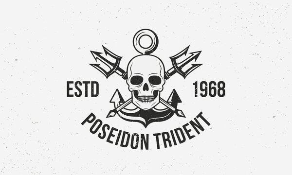 Poseidon Trident - vintage logo template with grunge texture. Nautical logo with tridents, anchor and skull. Vector illustration