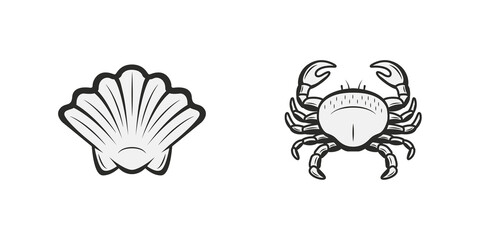 Vintage nautical and ocean icons. Shell, Crab icons isolated on white background. Crab and Shell silhouettes. Vector illustration