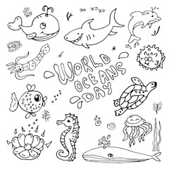 World Oceans day text hand drawn lettering isolated. Design template, invitation for logo, badge, icon, card, banner template. Greeting card for Ocean day celebration. Vector outline illustration.

