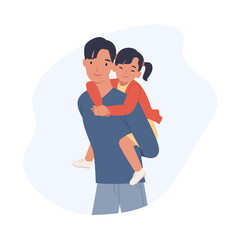 Happy father's day. Dad with his daughter on piggyback ride smiling happy together. Joyful father playing with his little kid. Vector illustration in a flat style