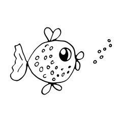 cute fish and World Oceans.Design template,logo,badge,icon,card,banner template. Greeting card for Ocean day celebration. Vector outline illustration.Kind smart fish.