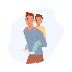 Happy father's day. Dad with his son on piggyback ride smiling happy together. Joyful father playing with his little kid. Vector illustration in a flat style