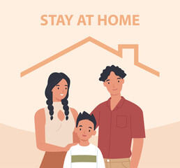 Young family with children stays at home. Concept for controlling the disease in 2019-nCov. Vector illustration in a flat style
