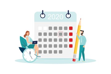 vector illustration. little people characters make an online schedule in the tablet. design business graphics tasks scheduling on a week - Vector - Vector