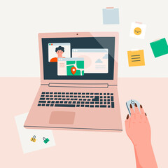Female workplace, working desk. Point of view on Laptop screen. Virtual chat, video call, various application windows on computer. Communication concept. Hand drawn Vector illustration