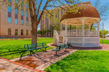 The Lubbock Town square with Gazebo in the    downtown area stands in front of Lubbock County...