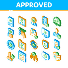 Approved Elements Vector Icons Set. Isometric Approved Sings On Document File And Hands, Computer Monitor And Smartphone Display Illustrations