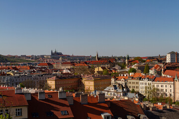 The view of the roofs of buildings in Prague in the Czech Republic in the spring is visible old architecture