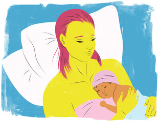 Illustration of a mother holding her baby after birth