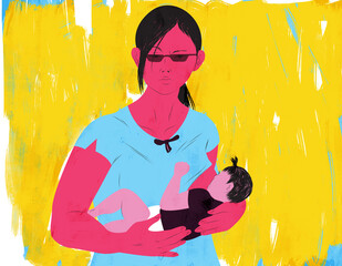 Illustration of a mother breastfeeding her baby while glaring at viewer