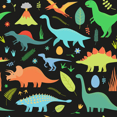 Dinosaurs pattern on black background