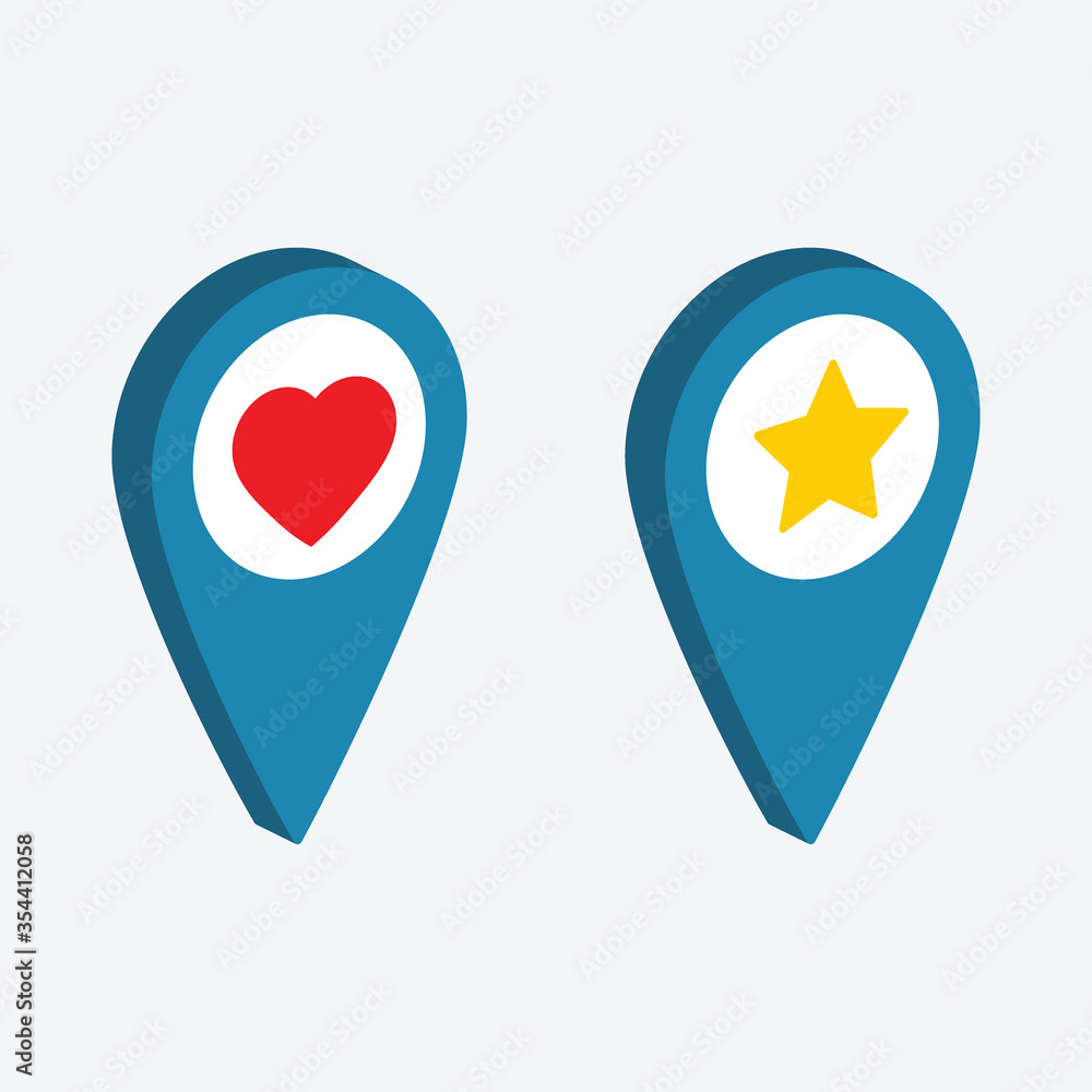 Poster map pointer icon isometric set map poiner with heart and star sign vector
