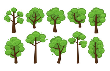 Cartoon set of lush trees. Various forms of krone and branch. Isolated vector illustration.