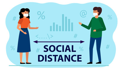 Maintaining social distance in the office between employees. Measures of protection against the coronavirus epidemic, the use of masks. Communication of people in the work space. Vector illustration.
