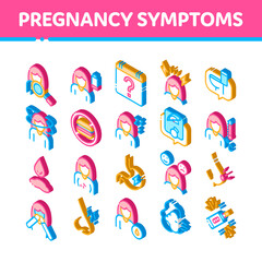 Fototapeta na wymiar Symptomps Of Pregnancy Element Vector Icons Set. Isometric Fatigue And Nausea, Food Aversion And Frequent Urination, Constipation And Faintness Symptomps Of Pregnancy Illustrations