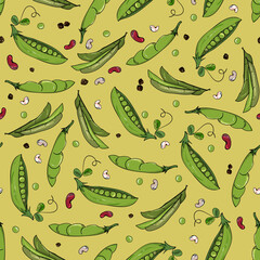 Green peas and bean pods seamless pattern. Summer vegetable background. Healthy food, vegan.
