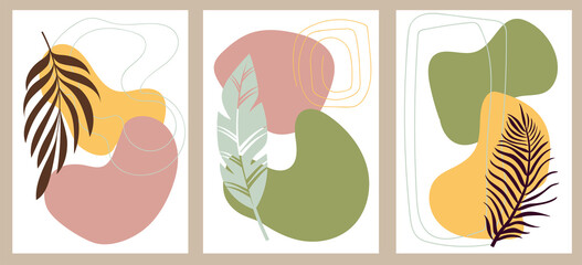 Set of creative minimalist hand painted illustrations with tropical leaves. For postcard, poster, poster, brochure, cover design.