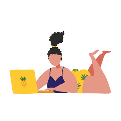The girl works on a laptop at home. A woman lies on the floor in a bathing suit and dreams of vacation. Isolated flat vector illustration on a white background. The concept of learning, knowledge.
