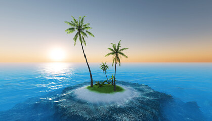 Small tropical island in the ocean with palm trees on a background of beautiful sunset