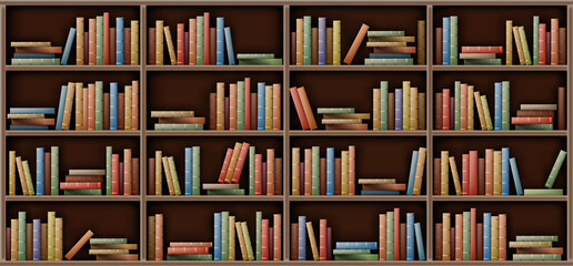 Bookshelf background, books on shelf in library, home, school or office interior. Volumes with color paperback stand in row and lying in pile on rack standing on floor, realistic 3d vector